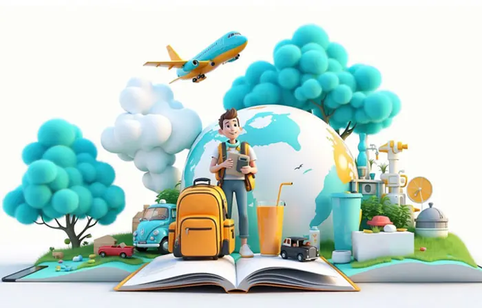 Student in Travel Background Professional 3D Character Illustration